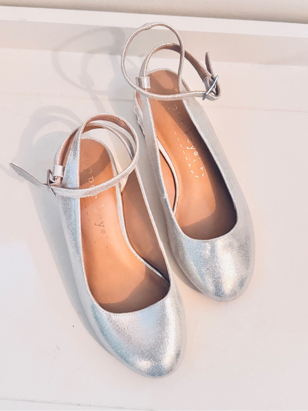 Silver Slingback Low Heel Dress Shoes with Decorative Pearls